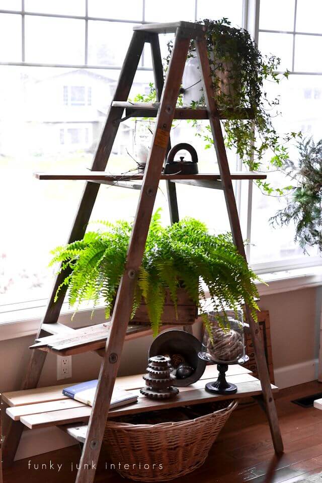 A winter ladder plant stand, with memories attached - Funky Junk Interiors