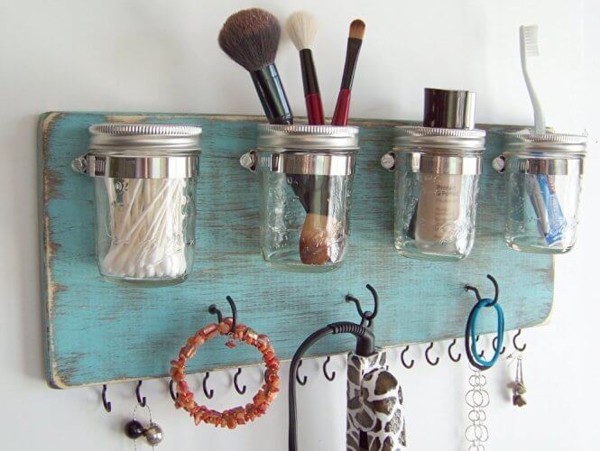 DIY Hanging Jar Makeup Organizer