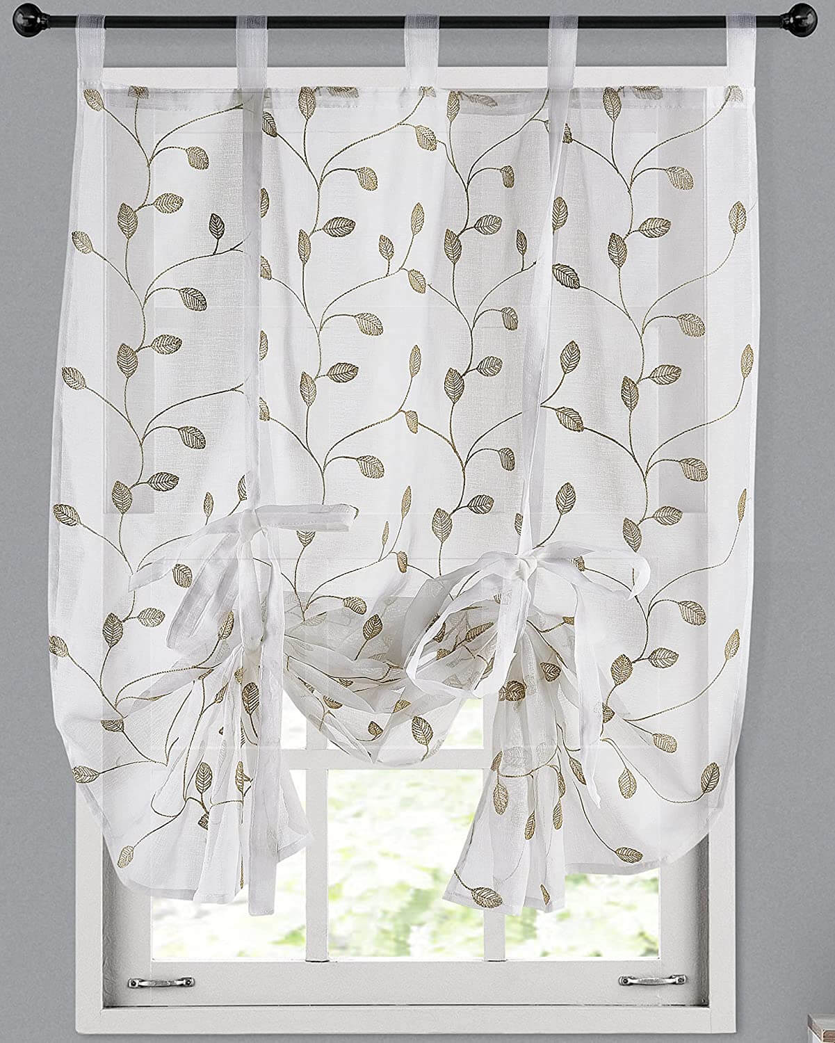 Sheer Tie Up Curtain Floral Kitchen Window Small Curtain Bowknot Embroidered Rod Pocket