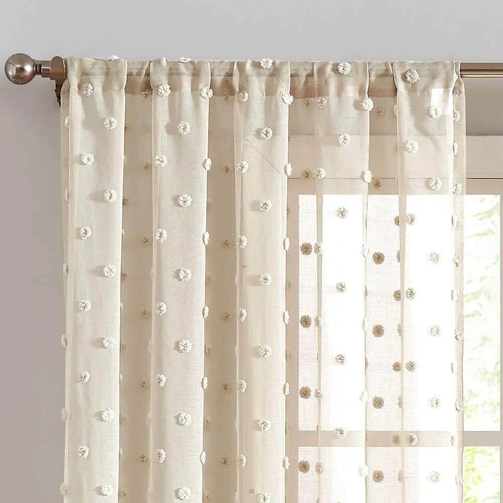 Sheer Curtains Pompom Beige Voile Pom pom Window Curtains for Bedroom Girls Room 